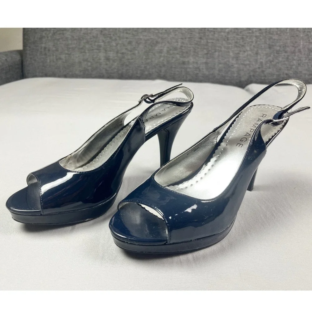 Rampage Flanders Navy Blue Patent Peep Toe Slingback Platform Heels Womens 8.5M